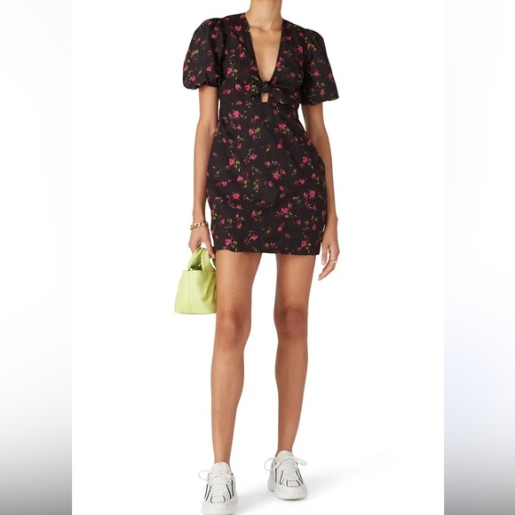 Pam & Gela Neon Ditsy Dress‎ Tie Front Puff Sleeve Mini sz P - Picture 2 of 16